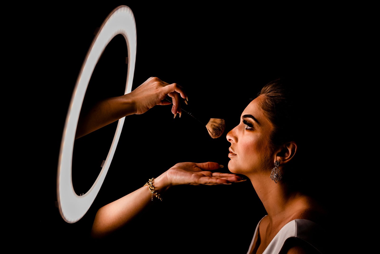 Makeup being applied under a ring light